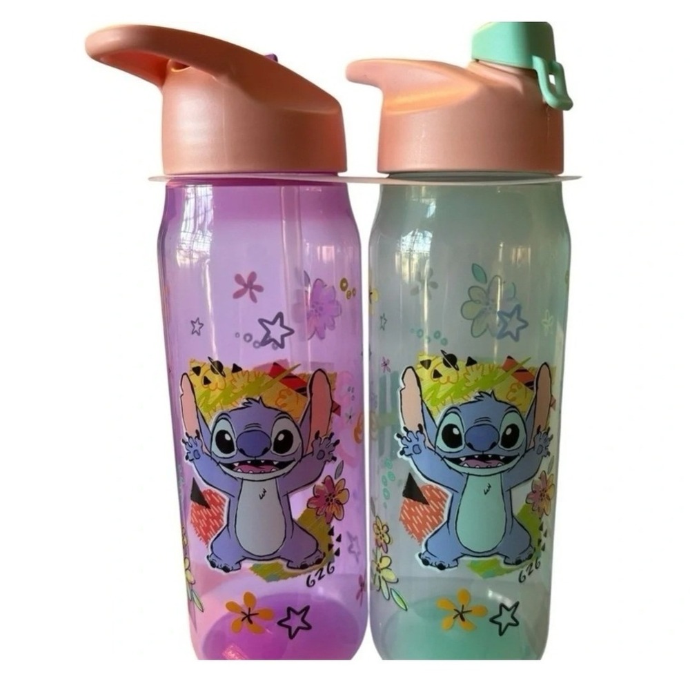 Disney Lilo & Stitch 2 Pack Water Bottle Set Purple Teal Flip Top Straw Lid NEW